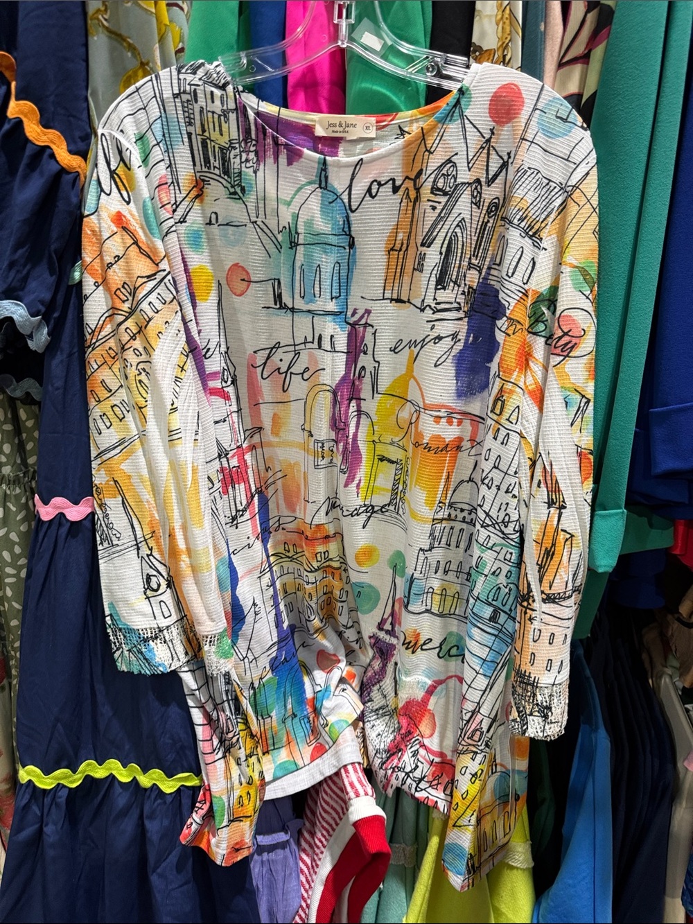 Jess & Jane White Multicolor Printed Long Sleeve Top